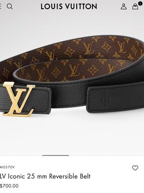 Size 75 Louis Vuitton Reversible Monogram & Leather Belt with Gold LV Buckle